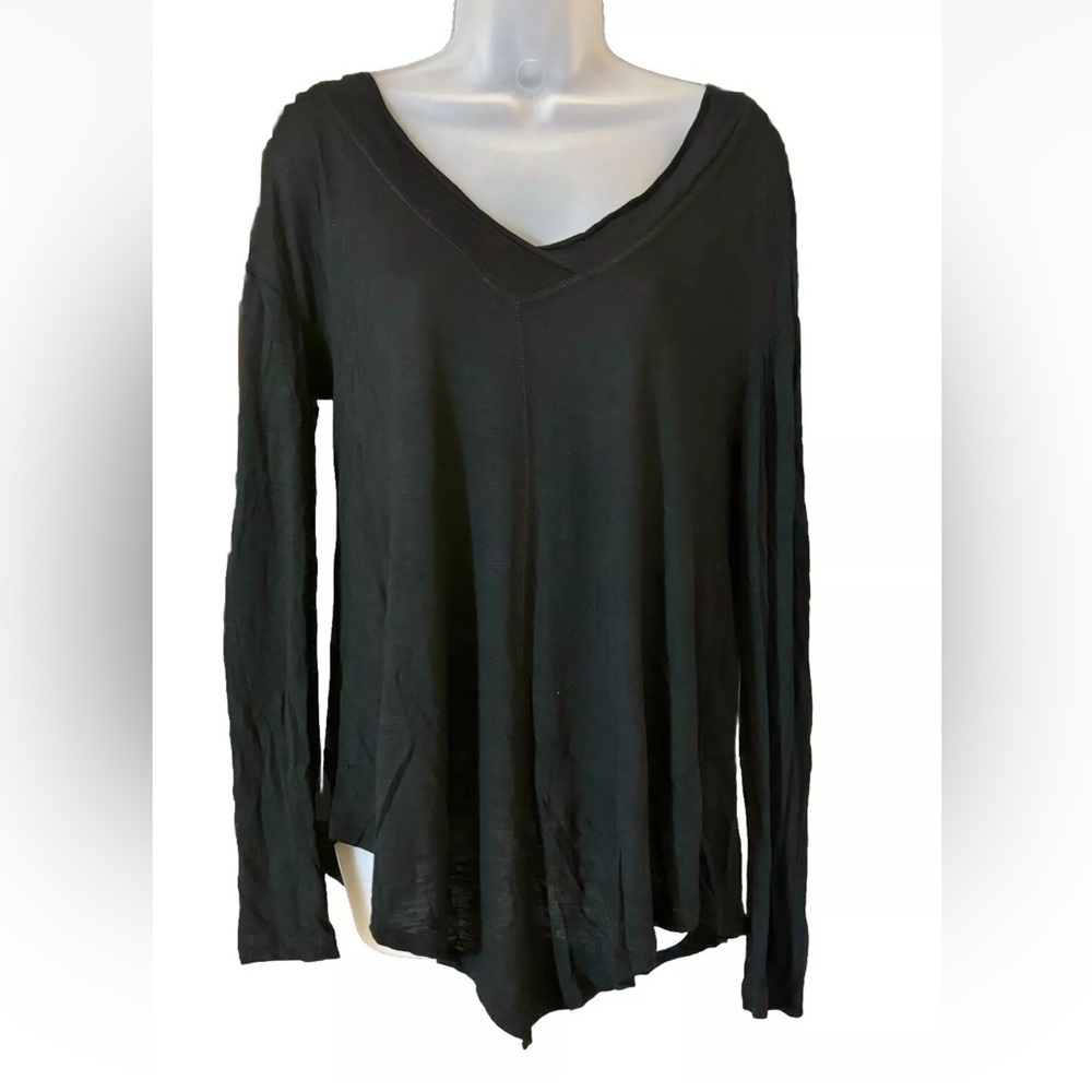 Rock & Republic Womens Asymmetrical V-Neck Long Sleeve Top Size S Stretch Black